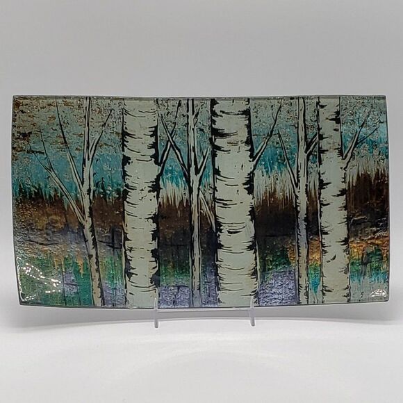 𝅺Reverse Hand Painted Birch Tree Forest Art Glass Console Plate - Picture 10 of 11